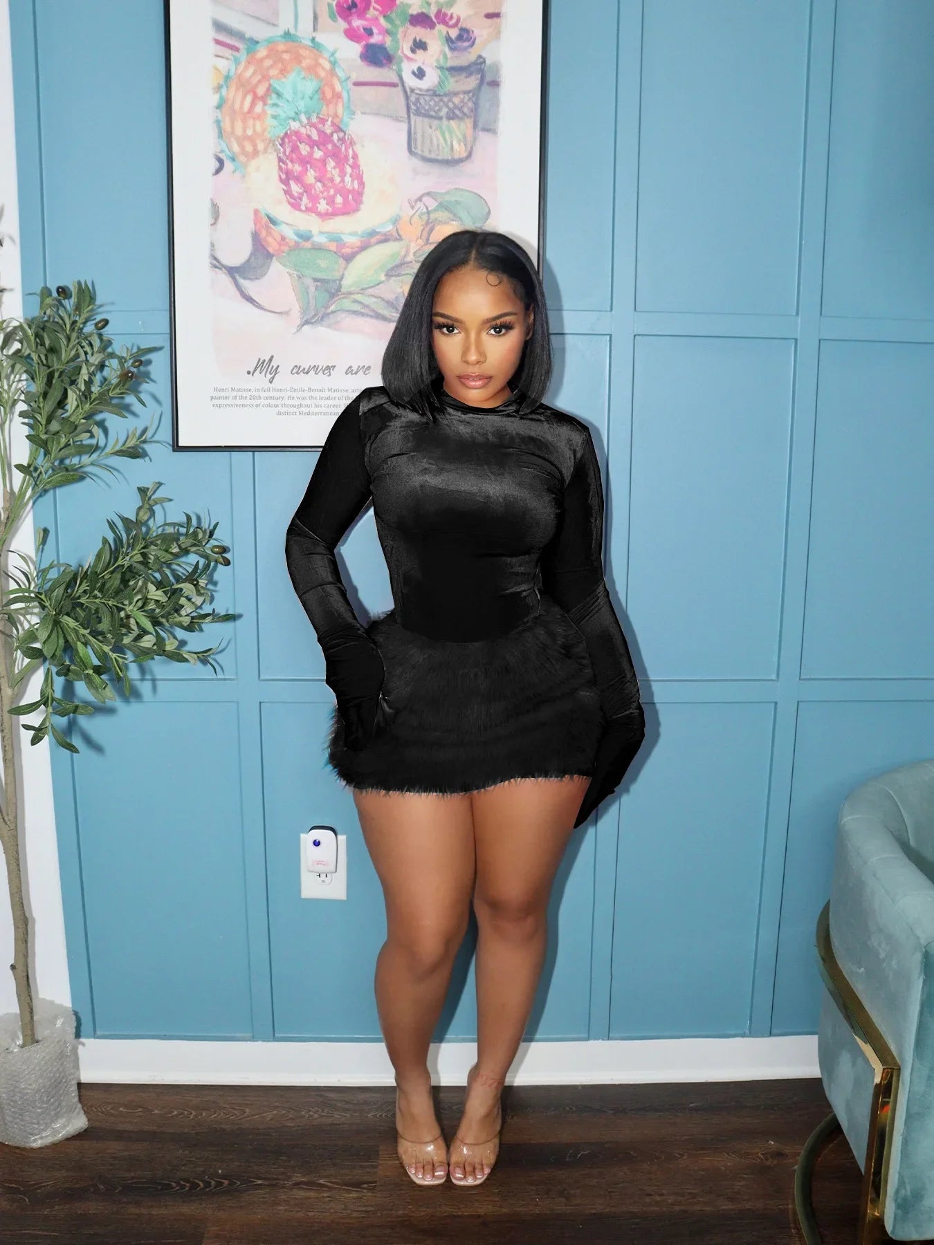 Velvet Long Sleeve Solid Color Women's Bodysuit+ Faux Fur Mini Skirt 2-Piece Set