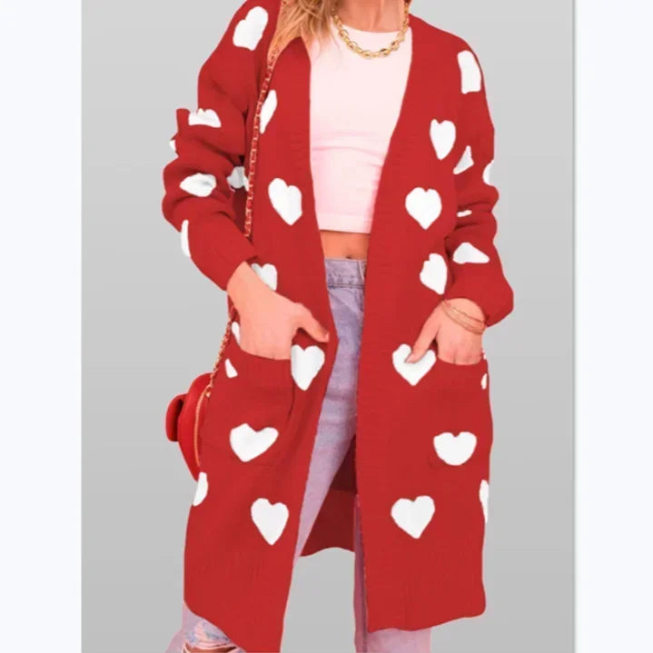 Heart Print Women's Knitted Long Sleeve Maxi Cardigan Sweater
