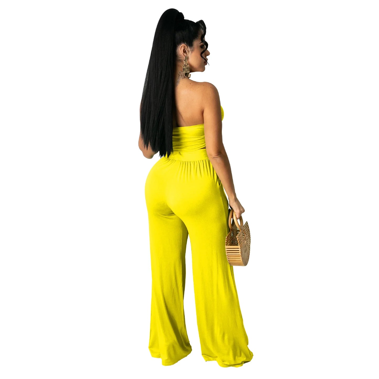 Strapless Hollow-Out  Hatler Neck Crop Top + Leggings Bodycon Solid Color Women's 2-Piece Set
