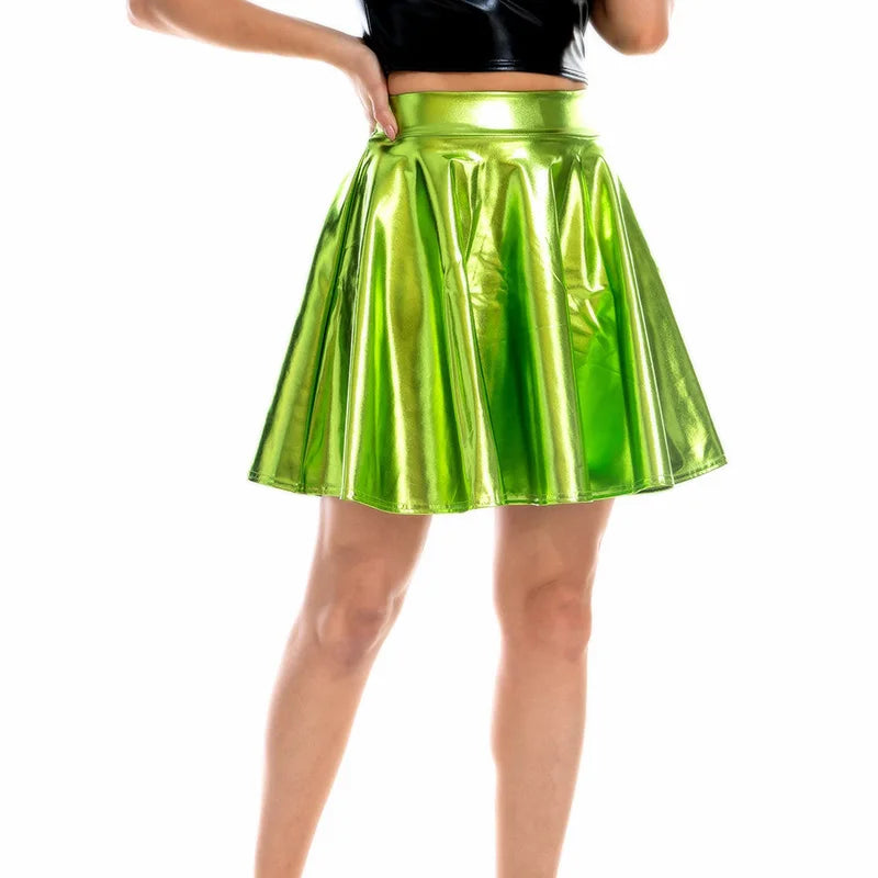 Shiny Solid Color Faux Leather High Waist Pleated High Street Club Mini Skirt