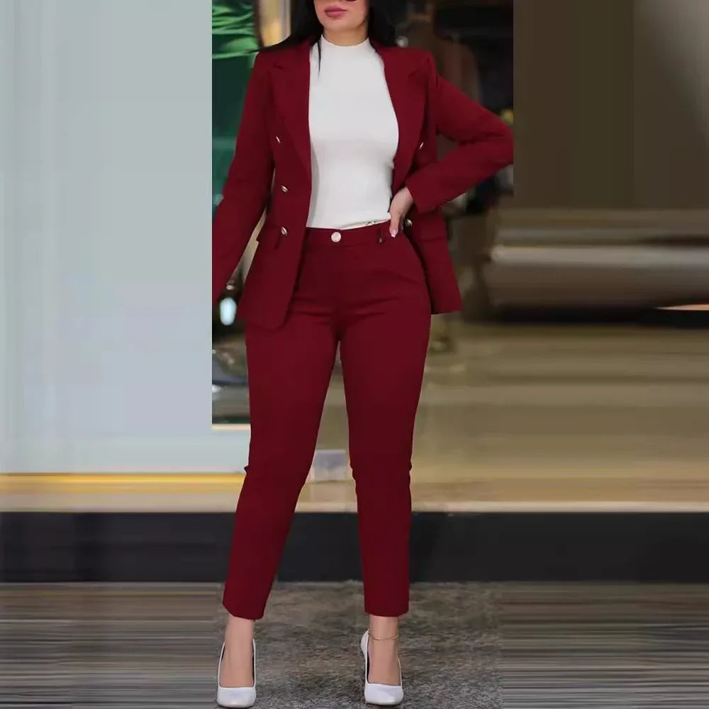 Gold Button Design Women's Solid Color Long Sleeve Blazer Jacket & High Waist Pencil Pants Business Suit
