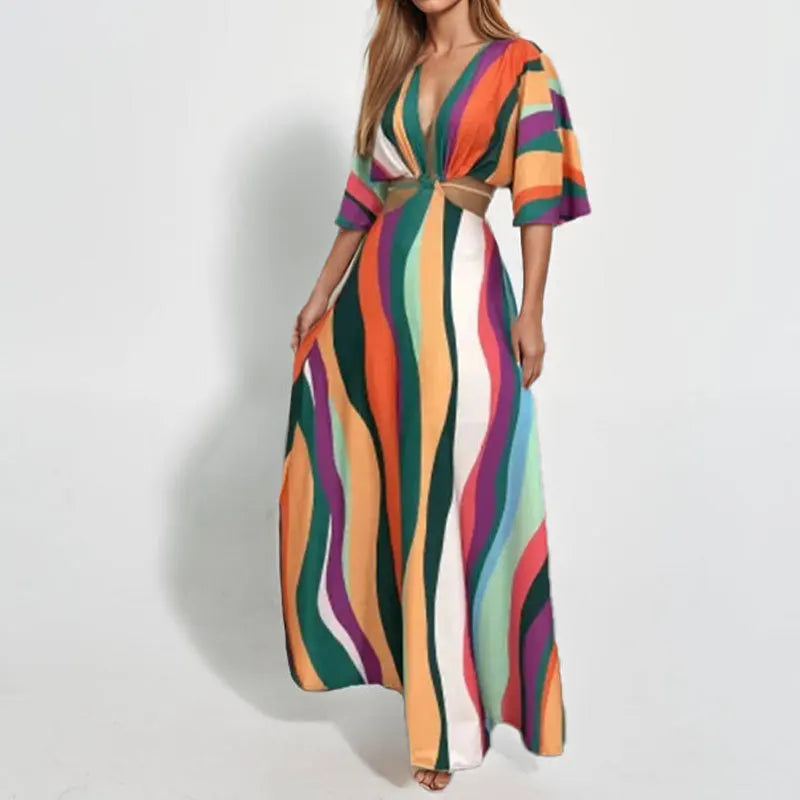 Deep V-Neck Geometric/Striped/Floral Hollow-Out Print Loose Beach Vintage Short Sleeve Maxi Dress to 3X Plus Size
