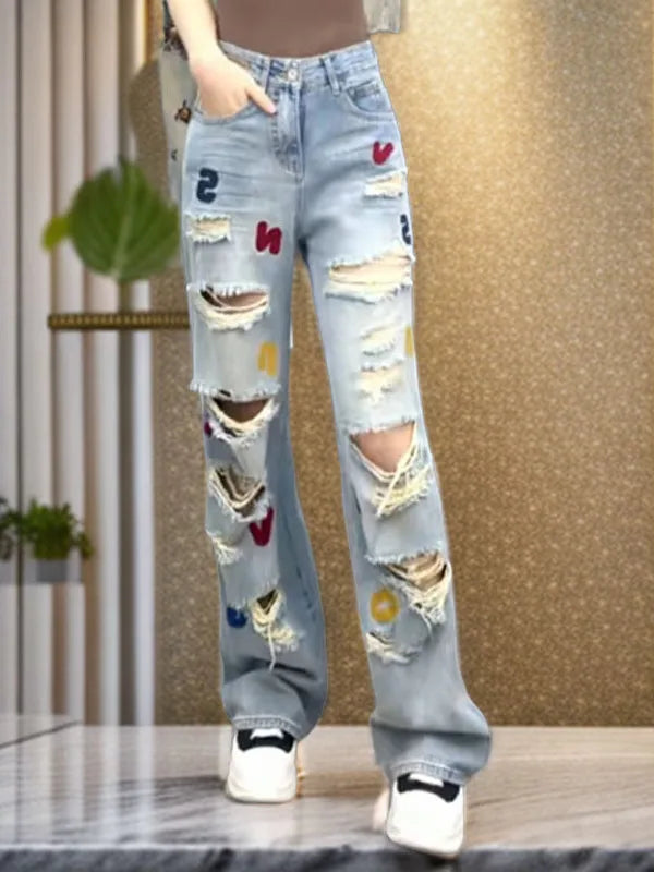 Denim Patch Varsity Style Embroidered Ripped Faded Washed Women's Hip-Hop Streetwear Jeans