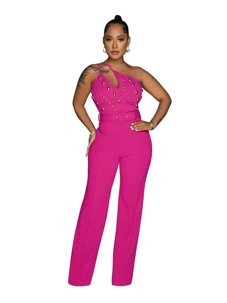 Stud Hollow-Out Design Sleeveless Asymmetrical One Shoulder Women's Backless Party Jumpsuit