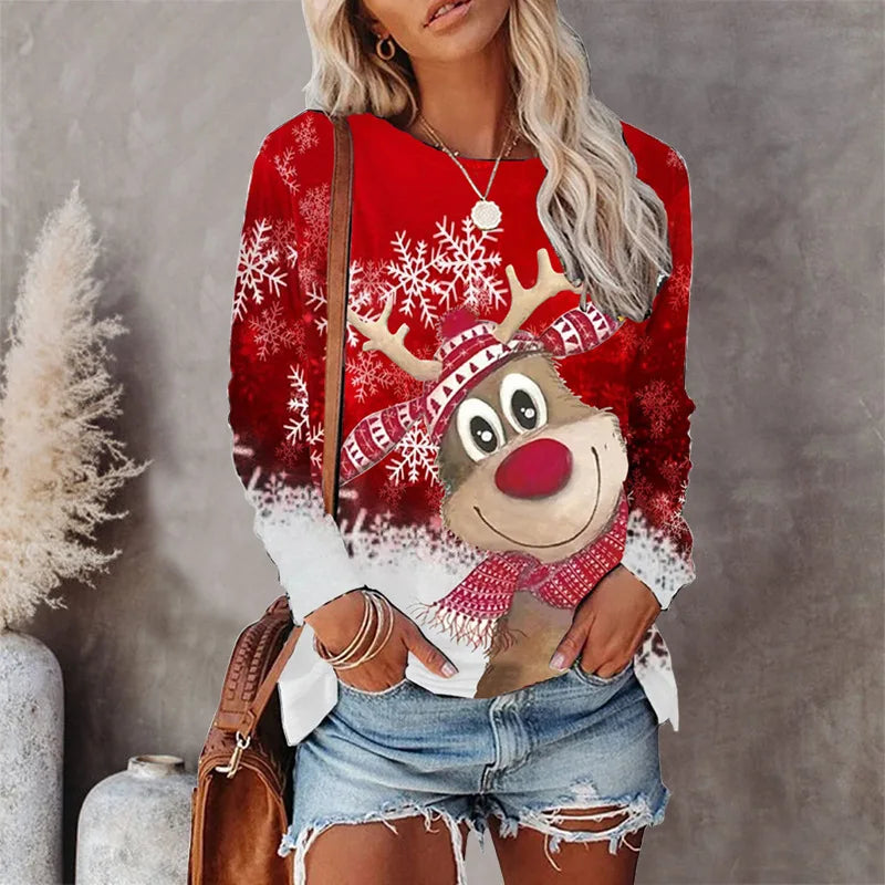 Cartoon Christmas Santa/Reindeer/Christmas Tree Graphic 3D Printed Women's Long Sleeve Pullover Round-Neck Christmas T-Shirts