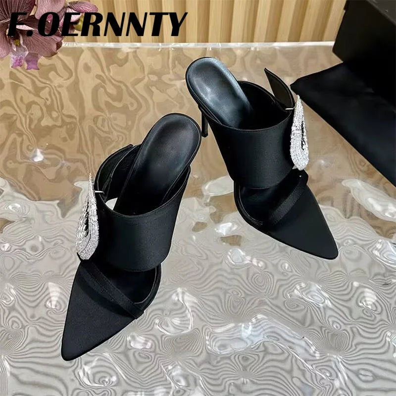 2024 New Satin Rhinestone One Strap Slippers Women Peep Toe High Heels Slides Women Sexy Pointed Toe Slingback Party Slippers