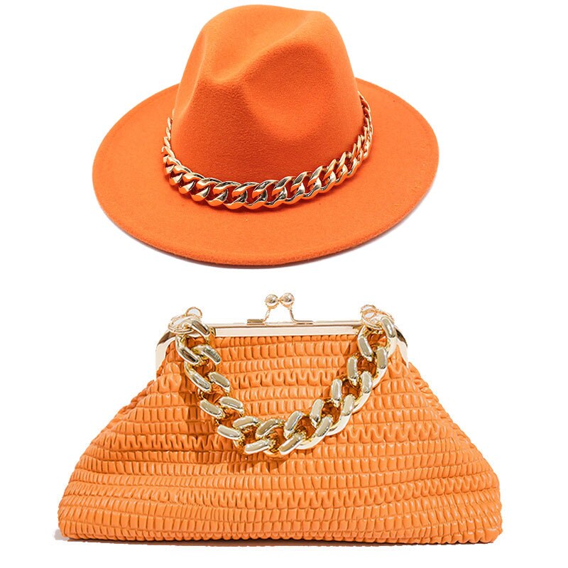 Fedora Chain Link Straw Hat + Chain Link Purse Set