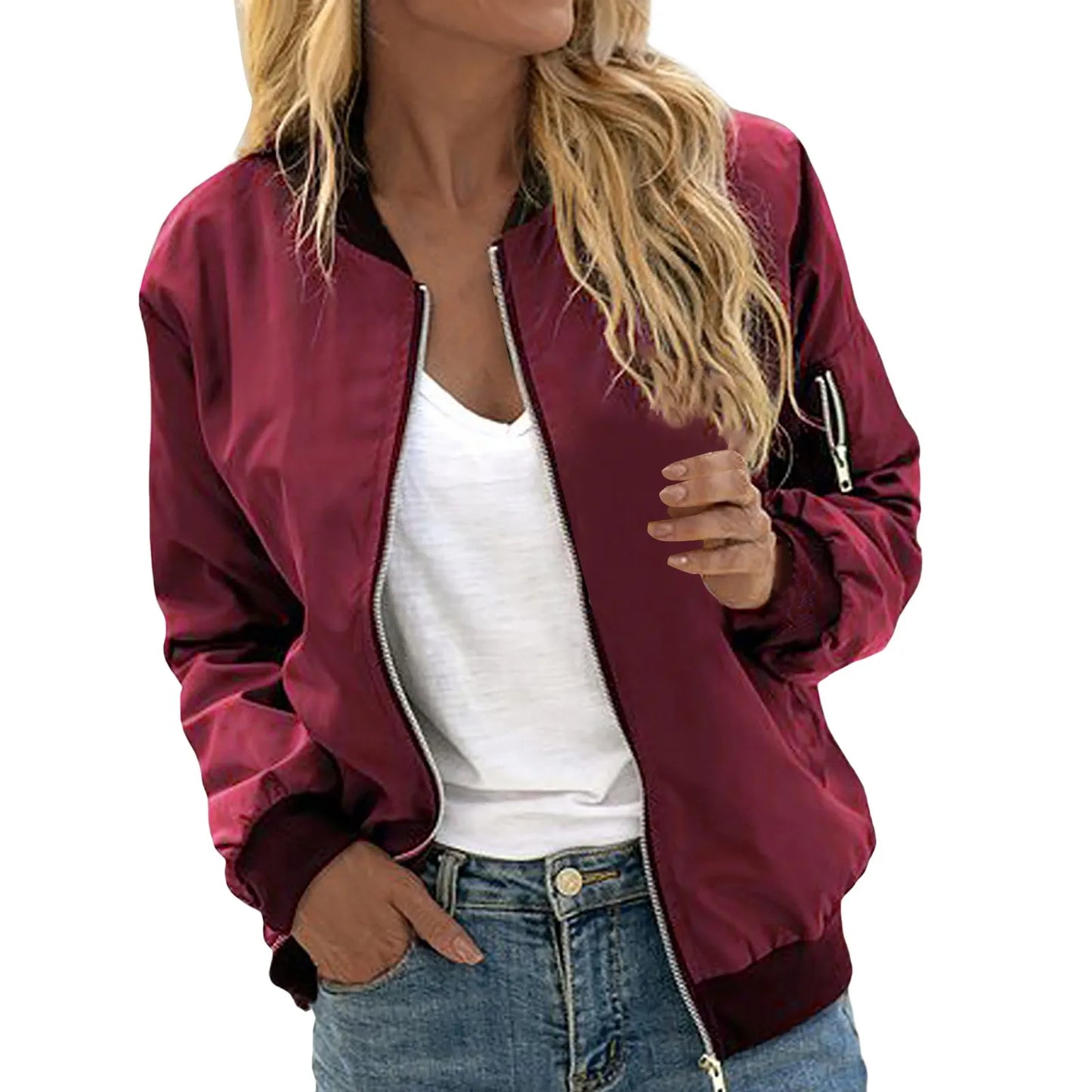Mandarin Collar Women's Zipper Cargo Pocket Sleeve Design Bomber Jacket