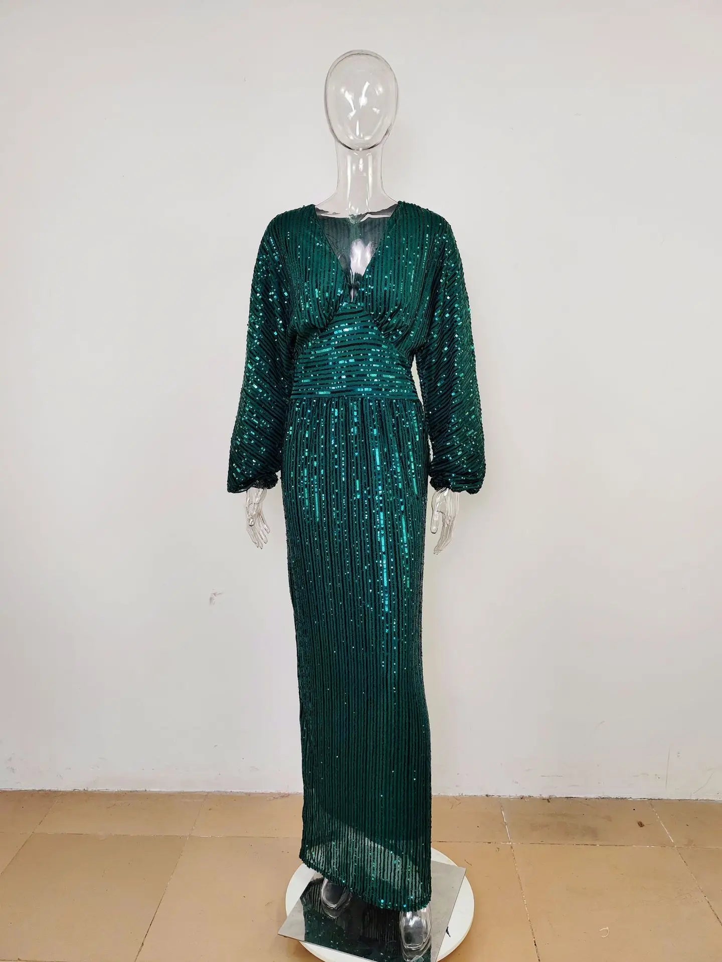 Sequined Glitter Shiny Long Sleeve Deep V-Neck Formal Maxi Dress