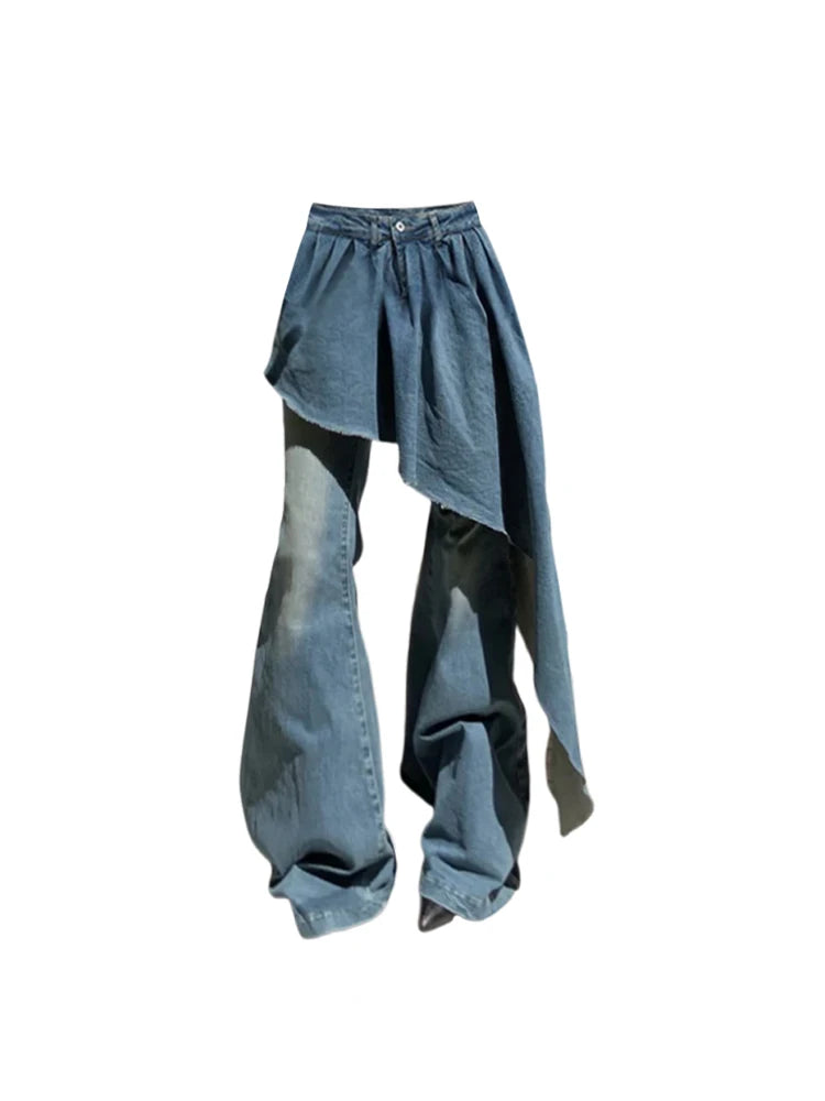 Blue Denim Washed Irregular Ruffled Overlap Wrap Design Women's Baggy Jeans