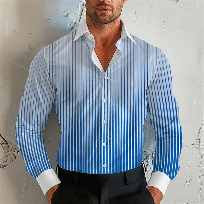 Men's Gradient Striped Turn-Down Collar Long Sleeve Dress Shirts to 5X Big & Tall