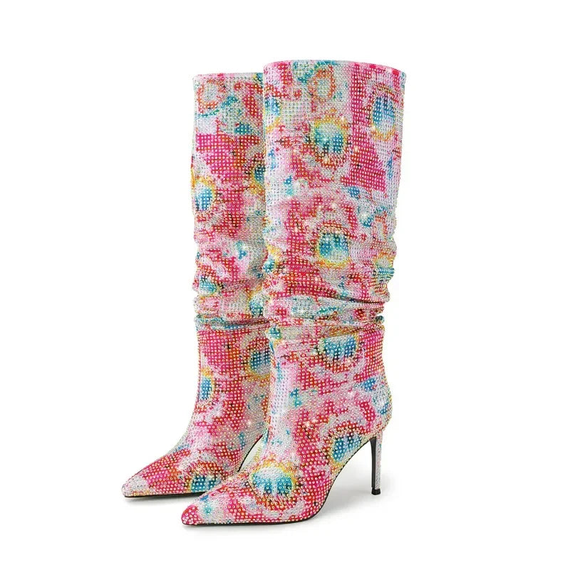 Gradient Rainbow Rhinestone Pleated Knee High Ruched Sleeve Boots