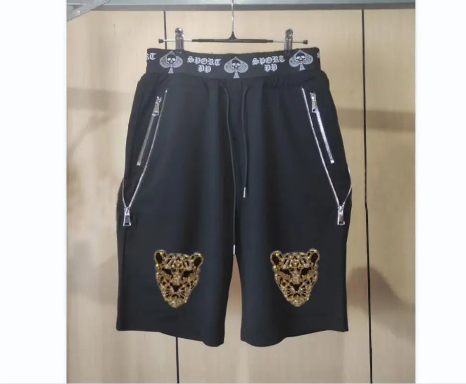 Men's Glitter Metallic Glitter Rhinestone Tiger/King/Lion/Skull/Eagle Graphic Print + Zipper Design Shorts 2-Piece Set