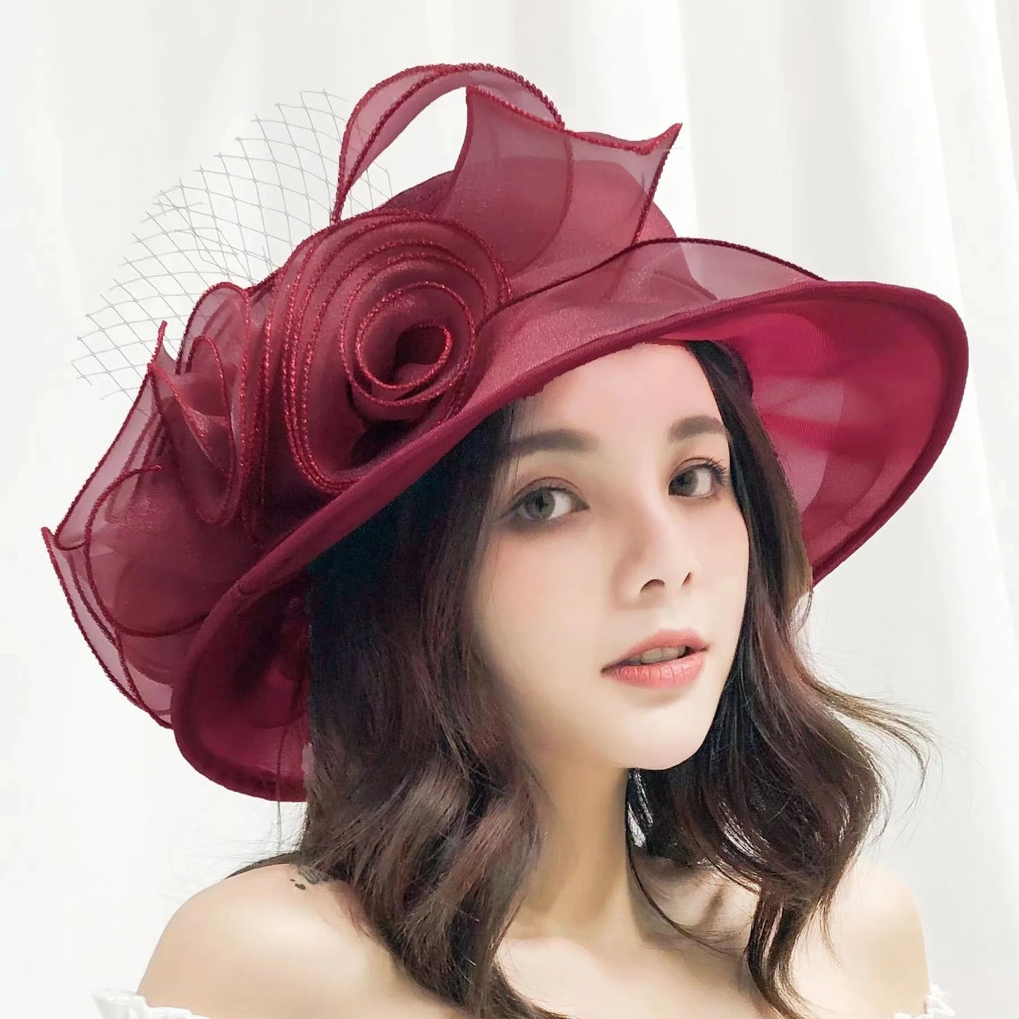 Oversized Organza Floral Bow Detail Wide Brim Kentucky Derby/Church/Wedding Fedora Hat