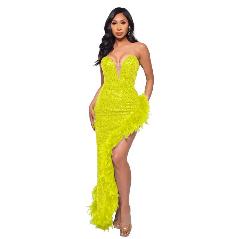 Tube Feather Hem Sparkling Crystal Sleeveless Backless High Side Slit Bodycon Formal Party/Prom Maxi Evening Dress