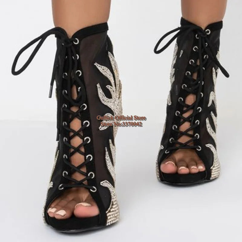 Metallic Mesh Rhinestone Embellished Lace-Up Peep Stiletto Ankle Boots