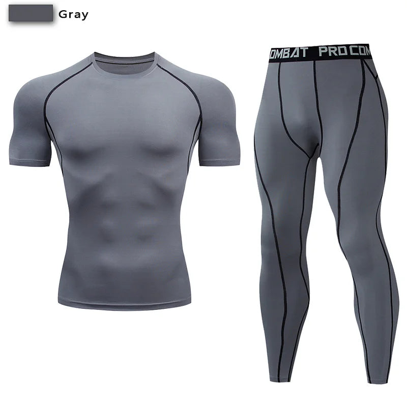 Men's Compression Gym Biking Shirt + Workout Leggings Fitness Athleseuire Set