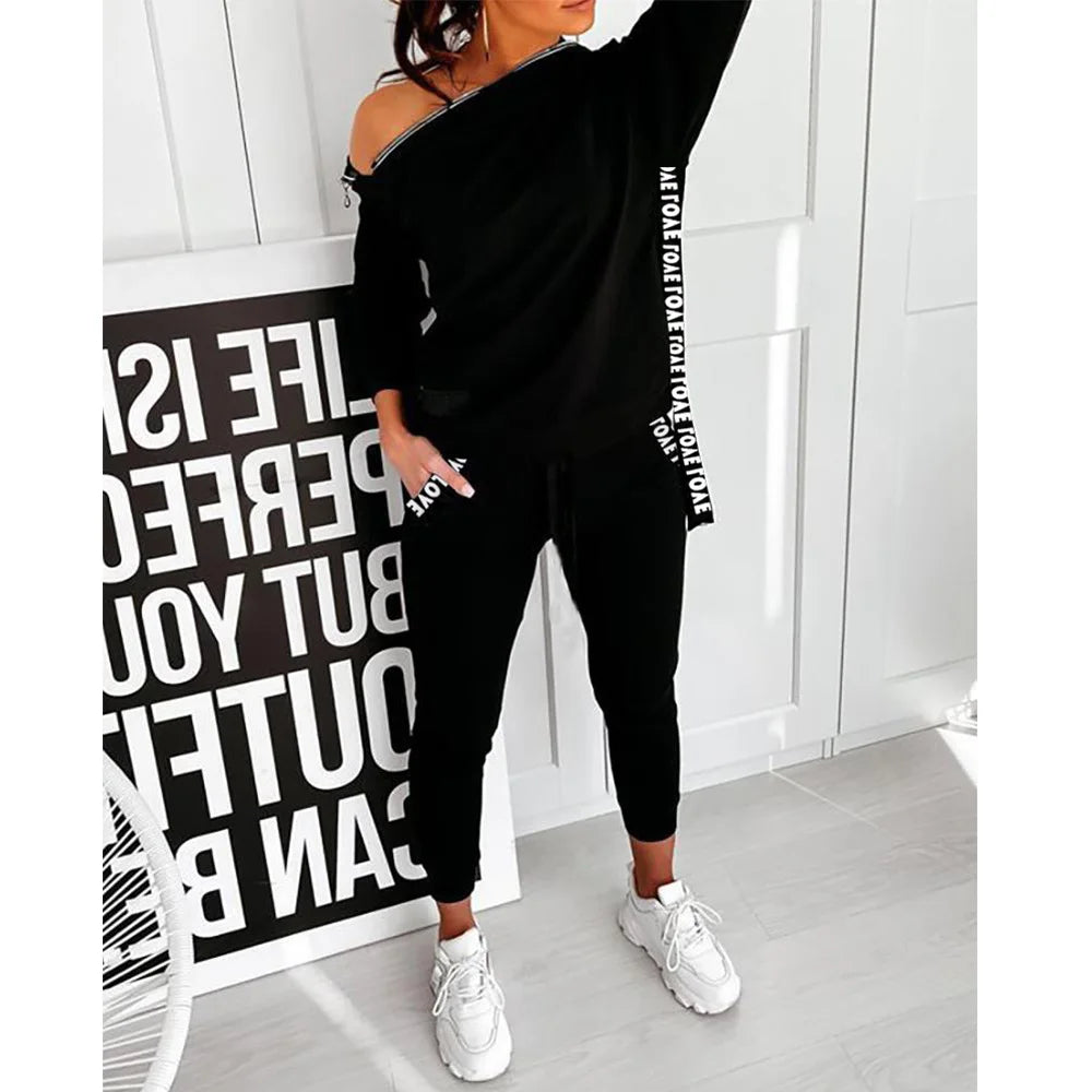 Inclined Collar Temperament Solid Long Sleeve Top + Sweatpants Ladies Tracksuit