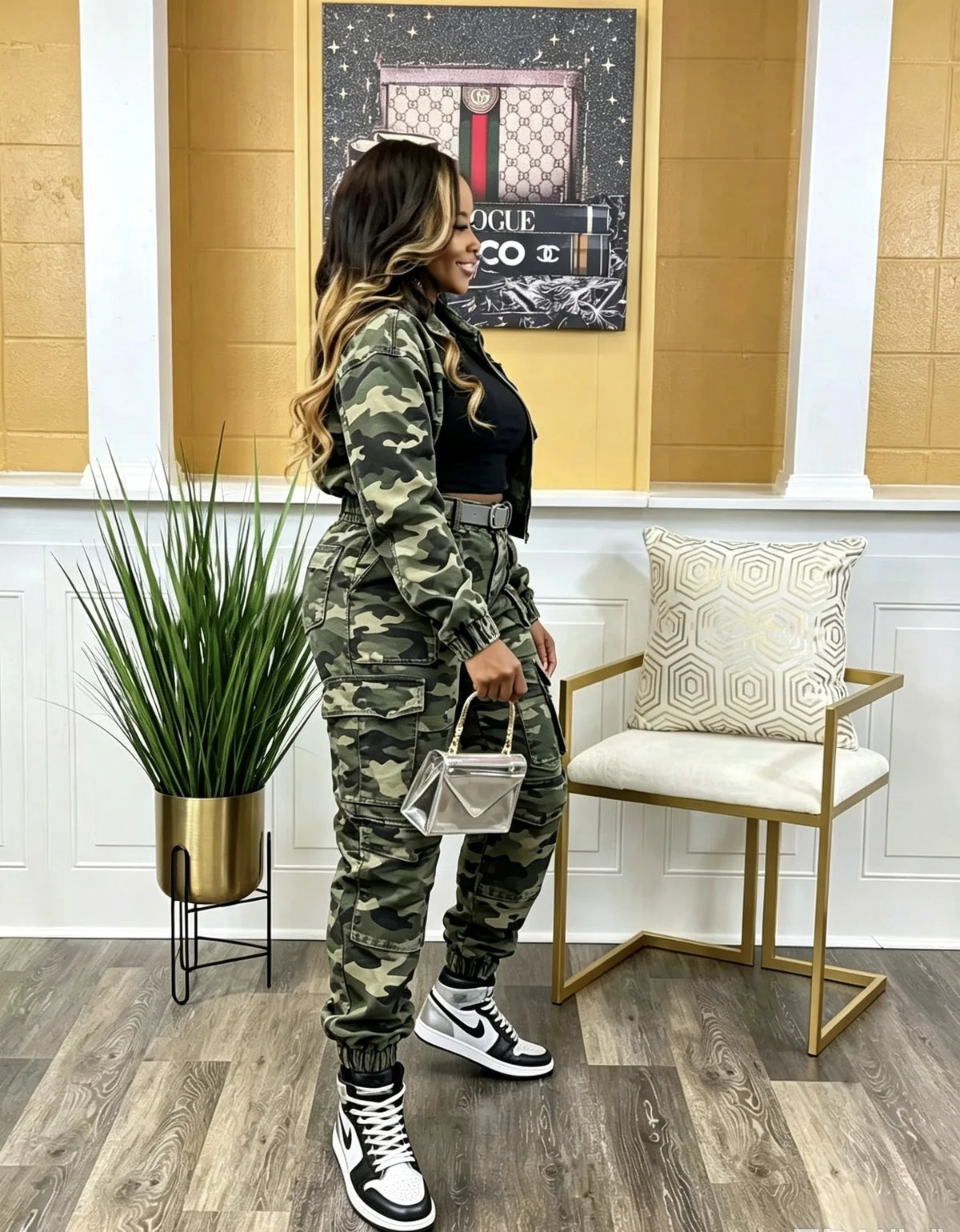 Denim Camoflauge Multi-Pocketed Women's Turn-Down Collar Jean Jacket + Cargo Jeans 2-Piece Set