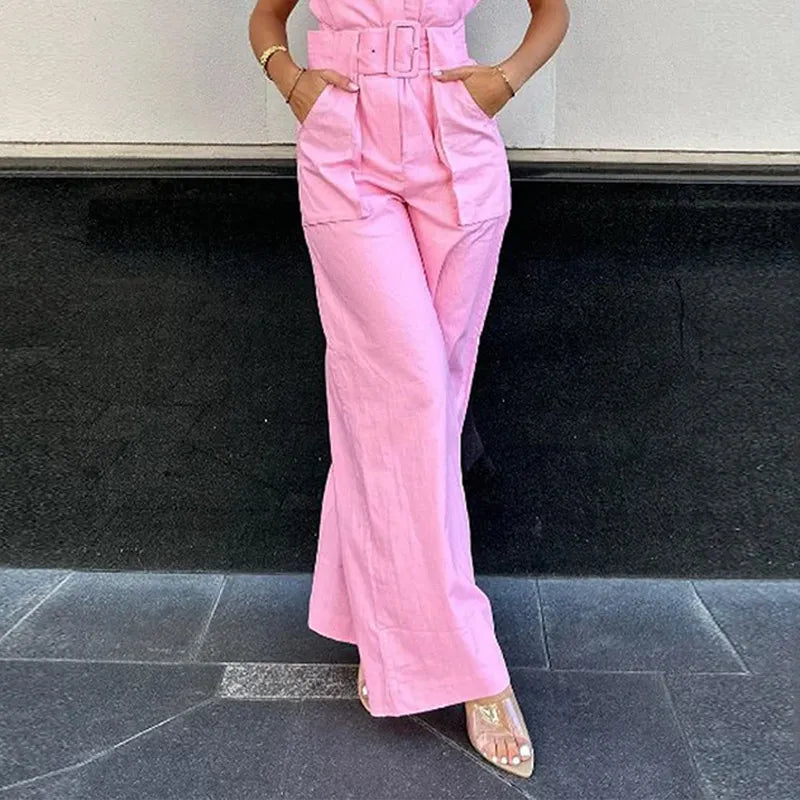 Pink Button Up Short Sleeve Nipped Waist Wide Leg Cargo Jumpsuit w/ Belt