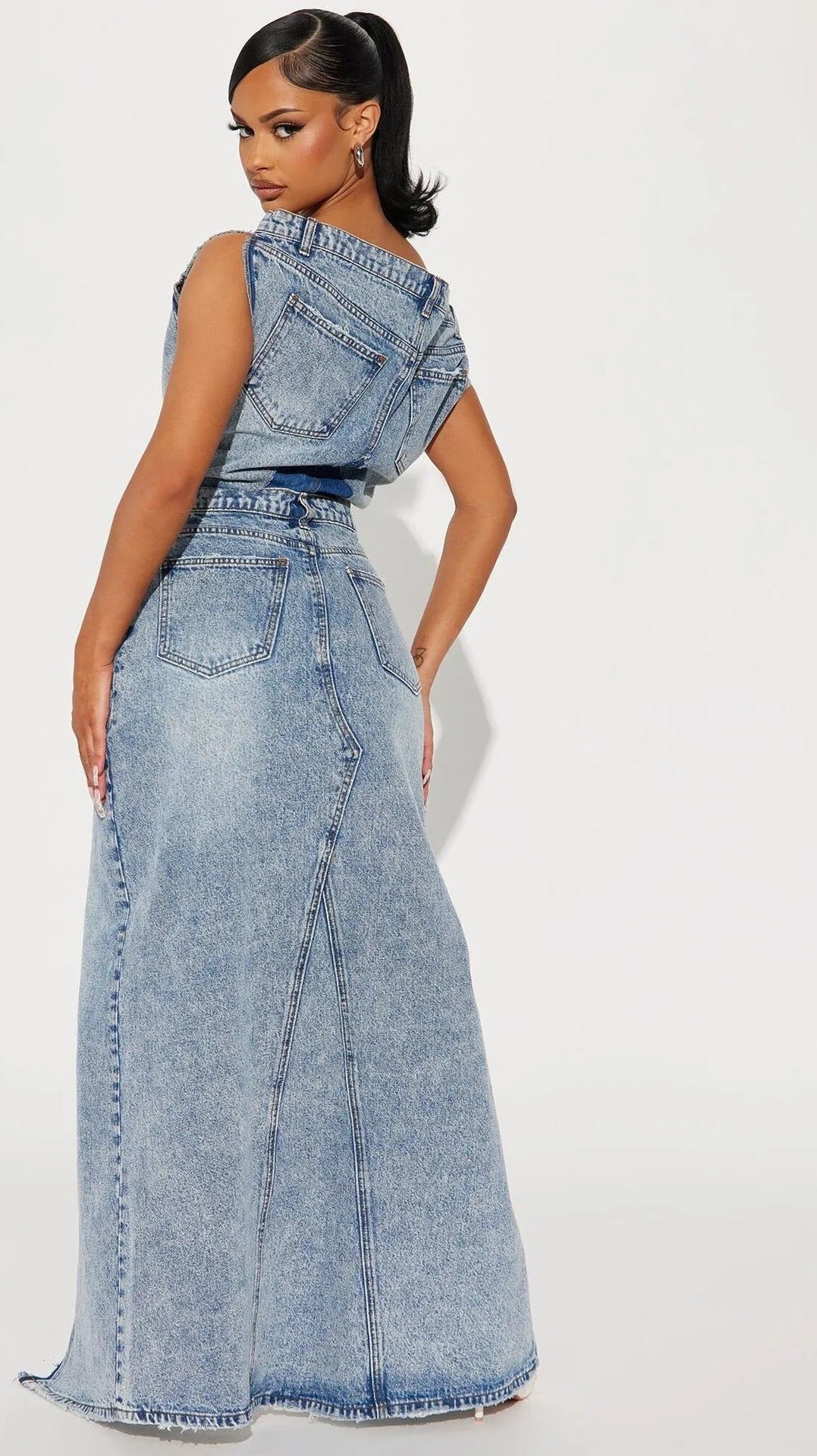 Denim Patchwork Sleeveless Strapless Short Button Open Fork Top + Floor-Length Maxi Skirt Lady 2-Piece Set