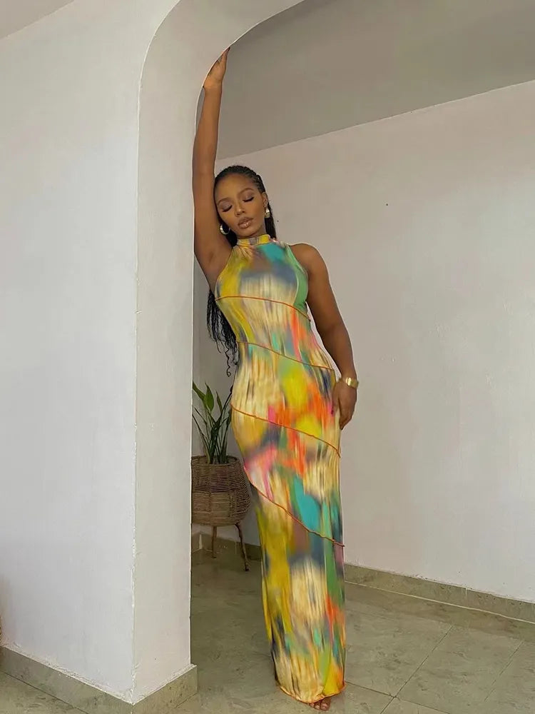 Aesthetic Tie-Dye Sleeveless Ruched Slim Maxi Dress