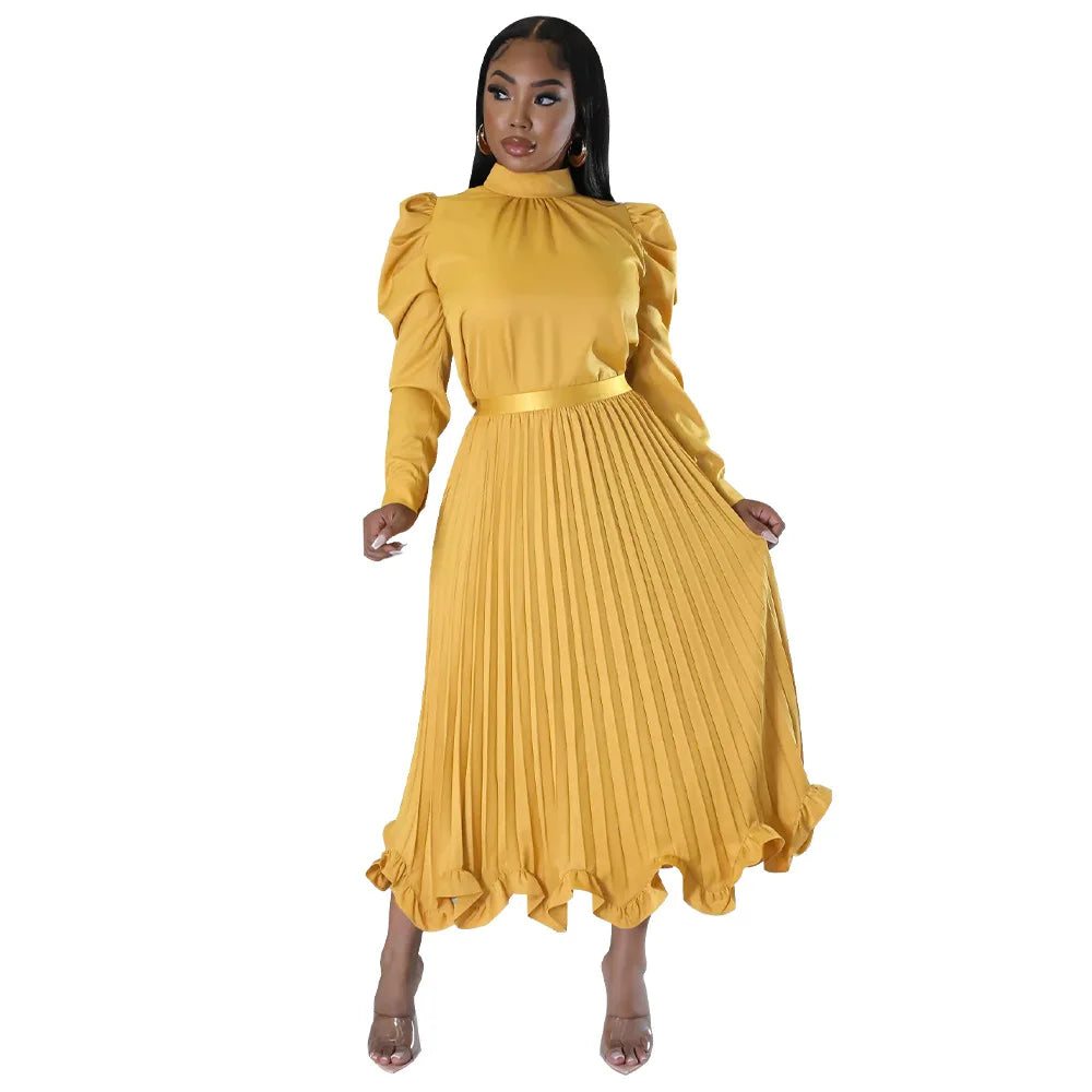 Women’s Solid Color O-Neck Lantern Sleeve Blouse + A-Line Flounce Formal Pleated Maxi Skirt w/ Sash Belt 2-Piece Set
