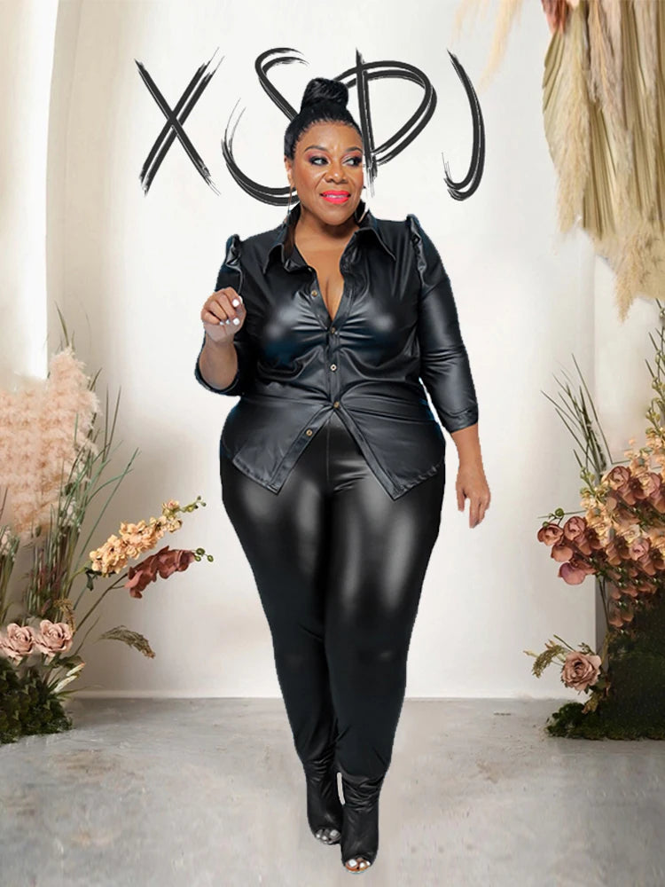 Faux Leather Solid Color Button Front Long Sleeve Turn-Down Collar Blouse + Solid Leggings 2-Piece Set to 5X Plus Size