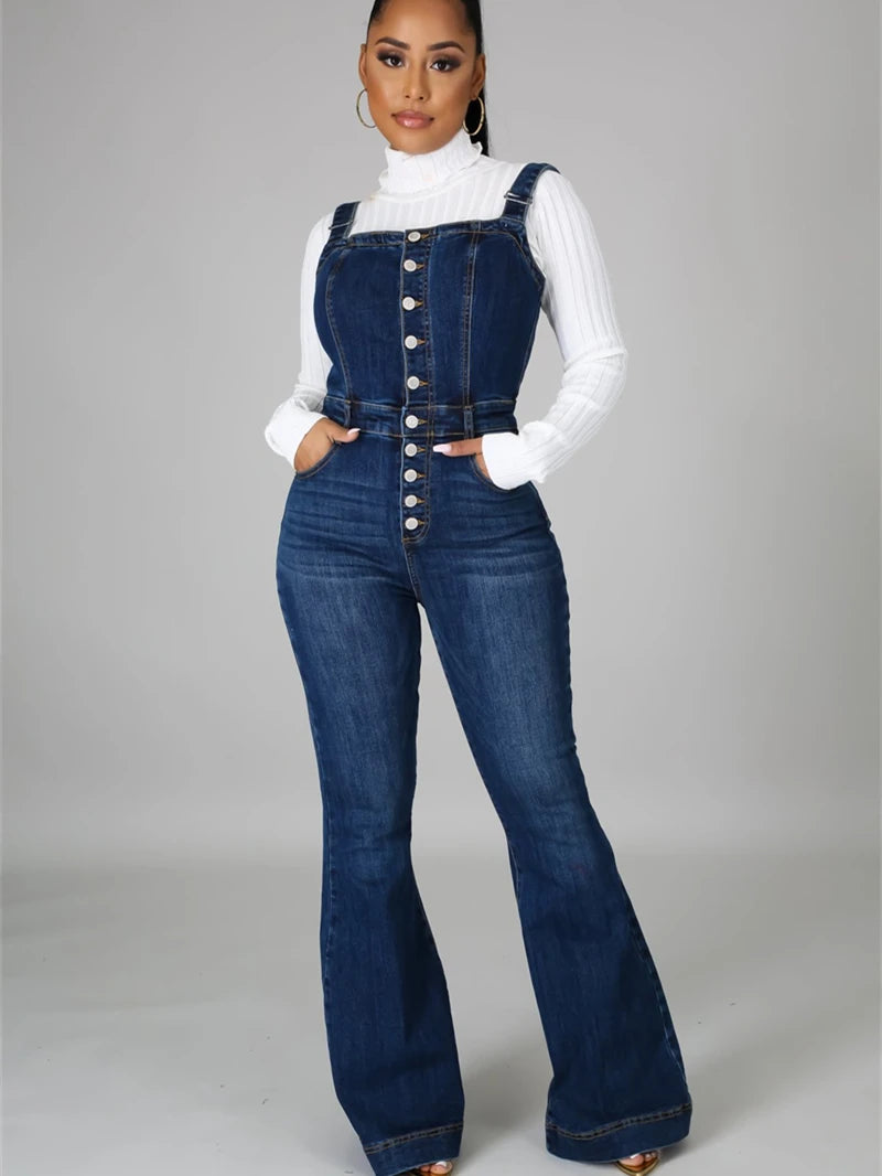 Dark Blue Button-Up Streetwear Spaghetti Strap Flared Pant Bootcut Overall Jean Jumpsuits