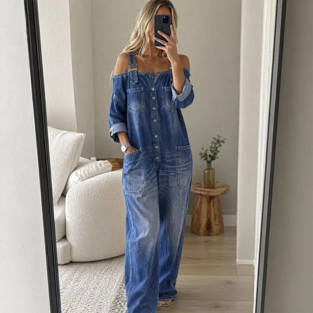 Denim Off-the-Shoulder Stretch Long Sleeve Women's Overall Wide Leg Jeans Jumpsuit to 3X Plus Size