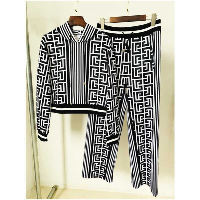 Geometric Designer Women's Monogram Print Hooded Sweatshirt + Wide Leg Pants 2-Piece Set