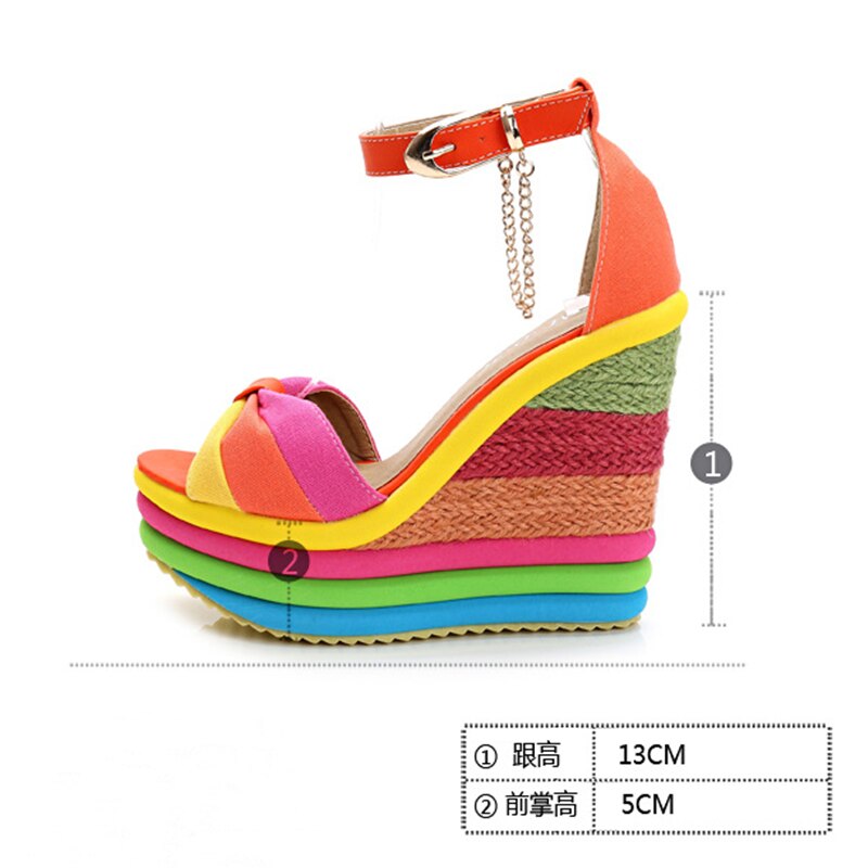 Rainbow Striped Peep Toe Platform Bowknot Hemp Bottom Buckle Ankle Strap Wedge Sandals