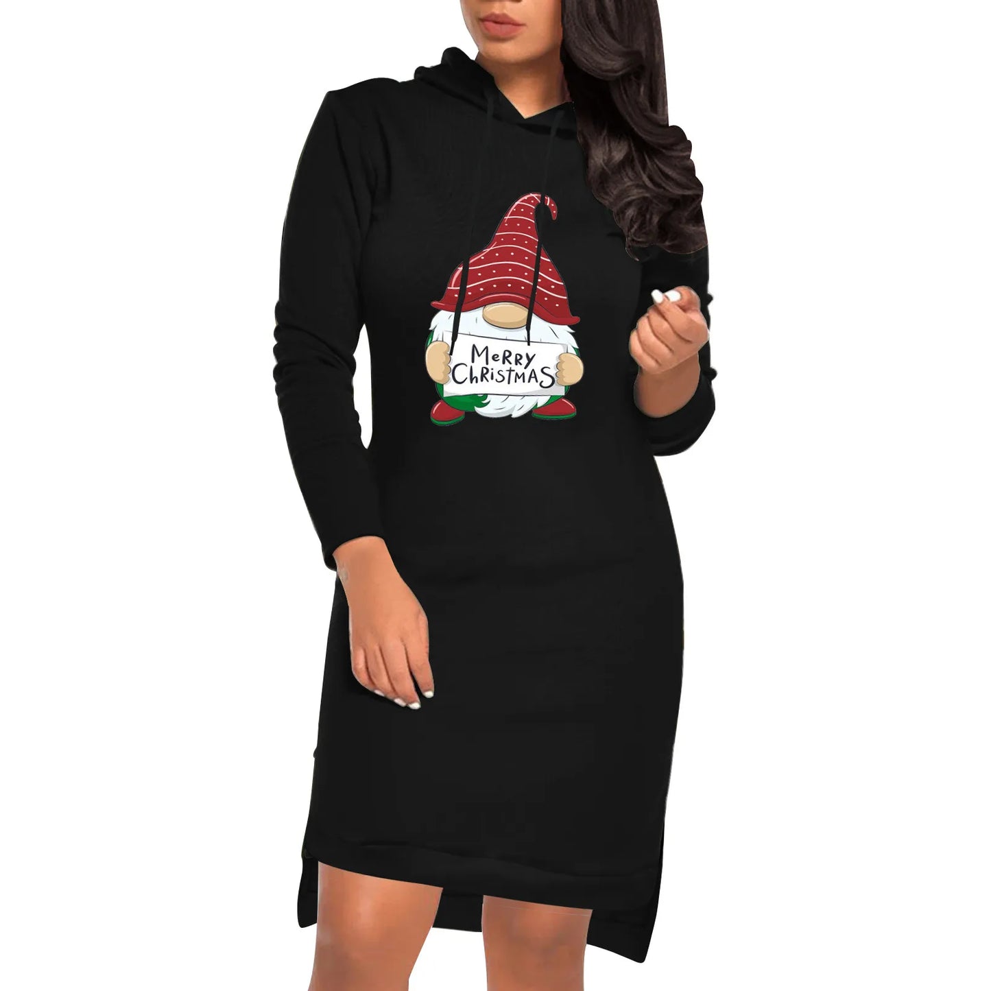 Knitted Christmas Santa Print Drawstring Women's Long Sleeve Loose Midi Hoodie Dress