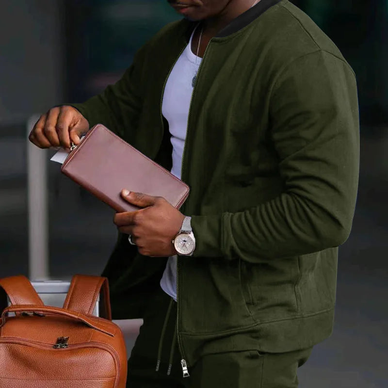 Men's O-Neck Colorblock Bomber Sweat Jacket + Drawstring Jogger Sweatpants Tracksuit