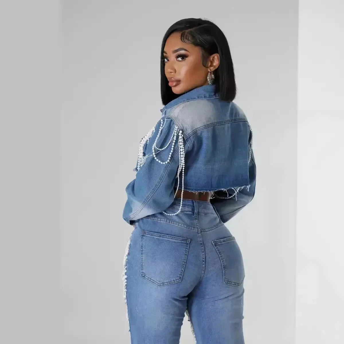 Denim Pearl Tassel Chain Embroidered Long Sleeve Women’s Turn-Down Collar Western Rodeo Jean Jacket OR Jeans-SOLD AS SEPERATES