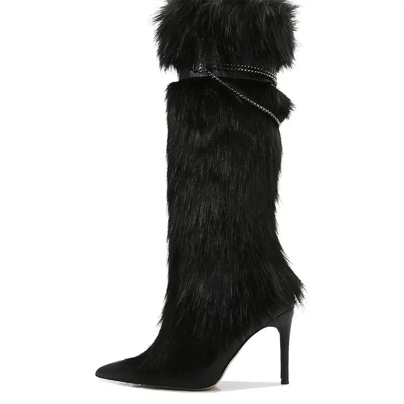 Shaggy Fur Stiletto Heel Pointed Toe Women's Knee-High Boots