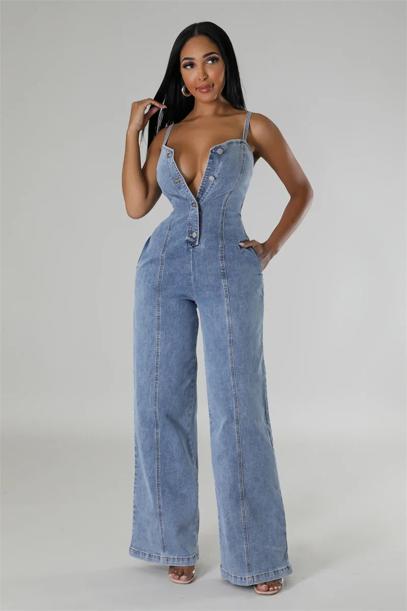 Denim Blue Washed Deep V-Neck Streetwear Strapless Wide Leg Sleeveless Jean Jumpsuit