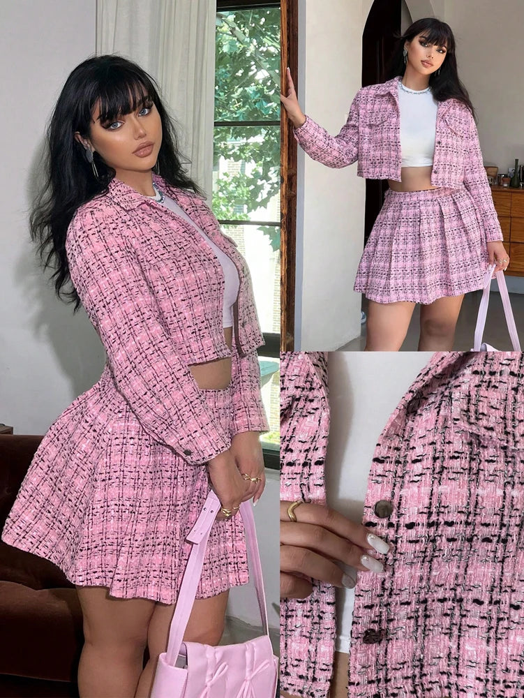 Plus-Size Women's Tweed Two-Piece Set: Cropped Blazer and Mini Skirt—Perfect for Casual Outfits, Dates, and Parties