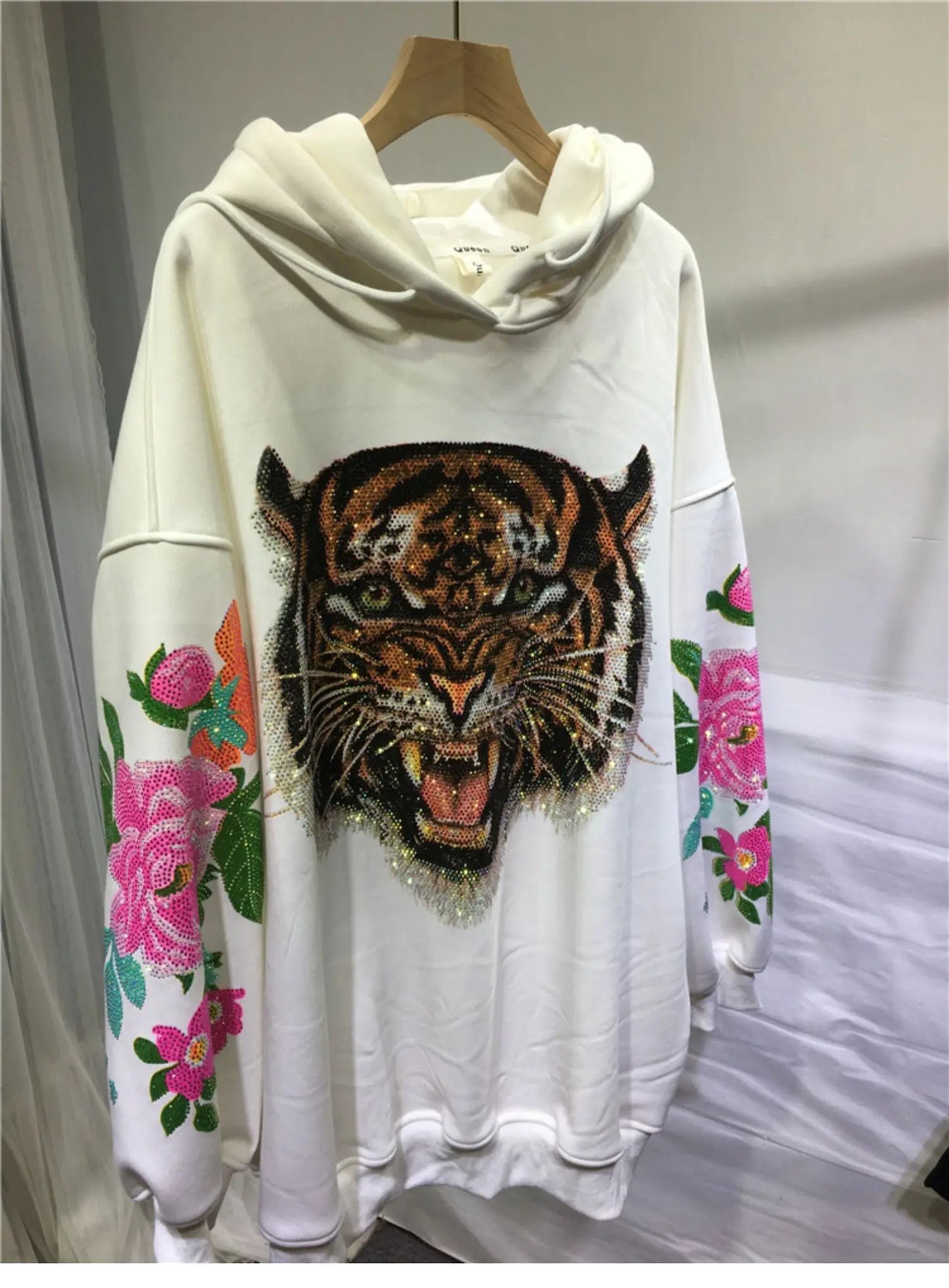 Sparkling 3D Rhinestone Fleece Padded Women's Leopard Tiger Hoodie Sweatshirt