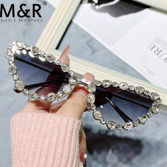 Vintage Crystal  Lightweight Alloy Cat-Eye Eye Rhinestone Shiny Clear Frame UV400 Women's Sunglasses