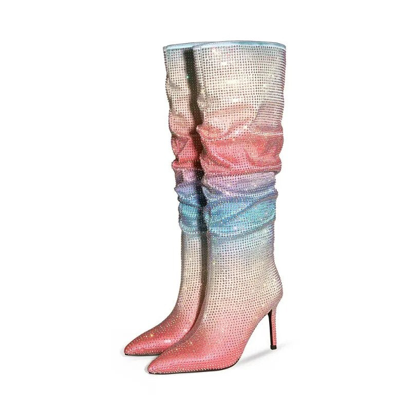 Glitter Rainbow Gradient Ombre Rhinestone Pleated Stacked Knee High Boots