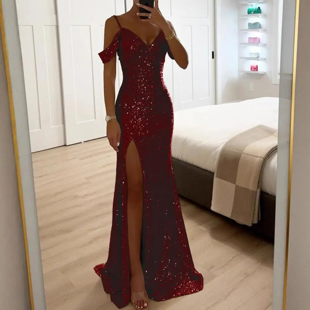 Shiny Sparkling Sequin Off-the-Shoulder V-Neck High Side Slit Party Maxi Dress