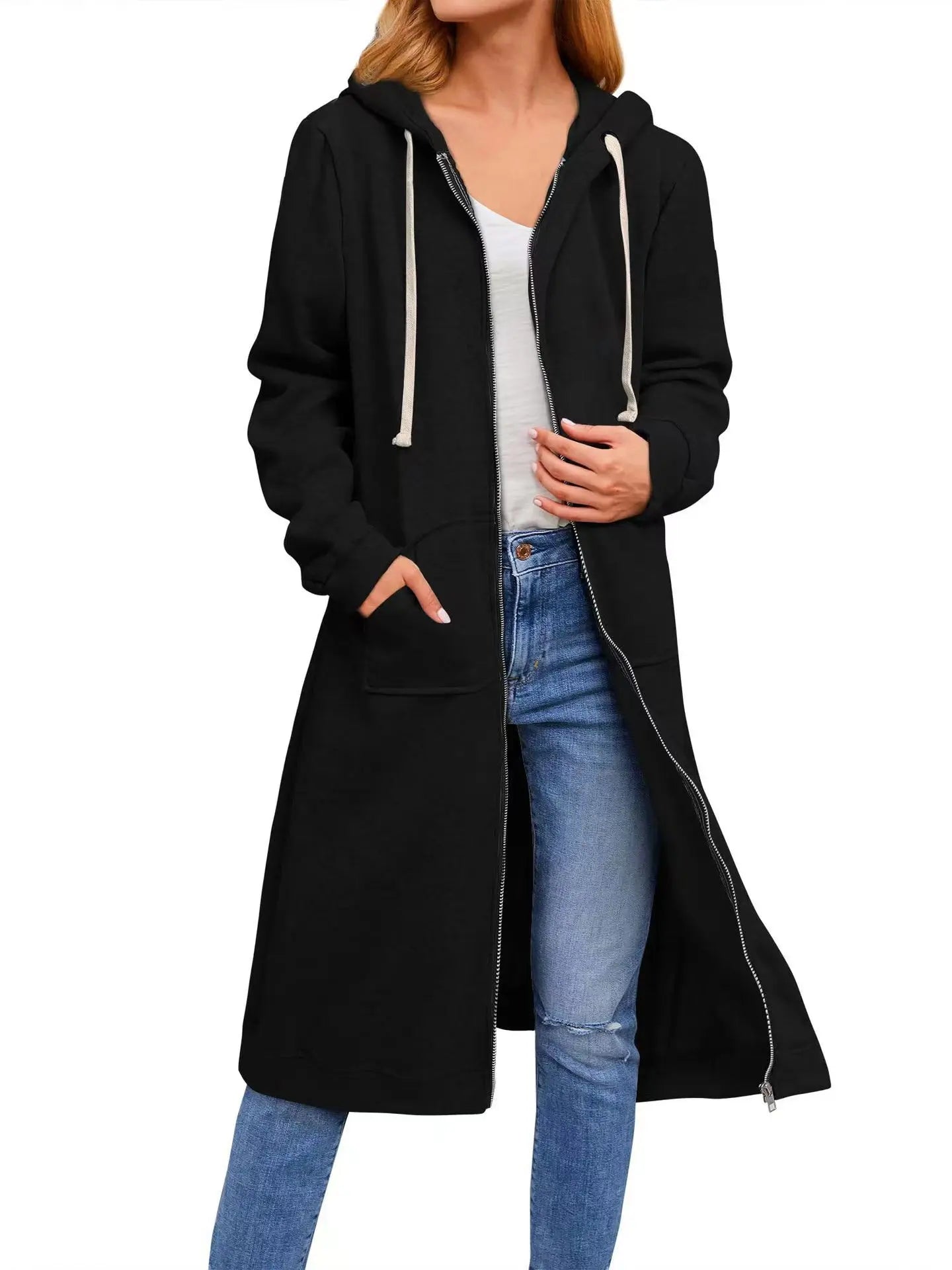 Drawstring Solid Color Women's Long Sleeve Zipper Maxi Hoodie Sweatshirt w/ Pockets