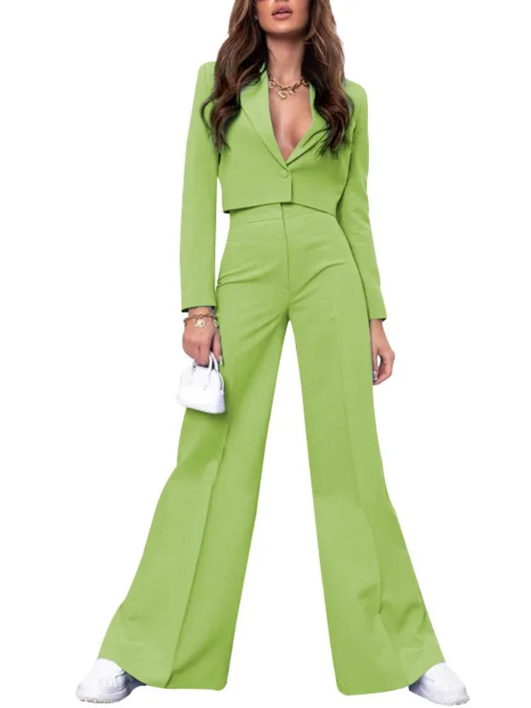 Cropped Notched Long Sleeve Blazer + High Waist Flared Leg Pants Women's Solid Color Business Suit