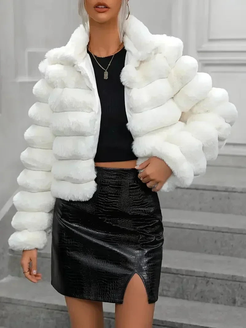 Ribbed Women's Faux Mink Fur Solid Color Turn-Down Collar Long Sleeve Jacket to 3X Plus Size