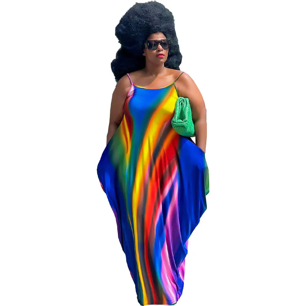 Rainbow Striped Colorblock Ruched Ruffled Sleeveless Print Harem Maxi Dress to 5X Plus Size