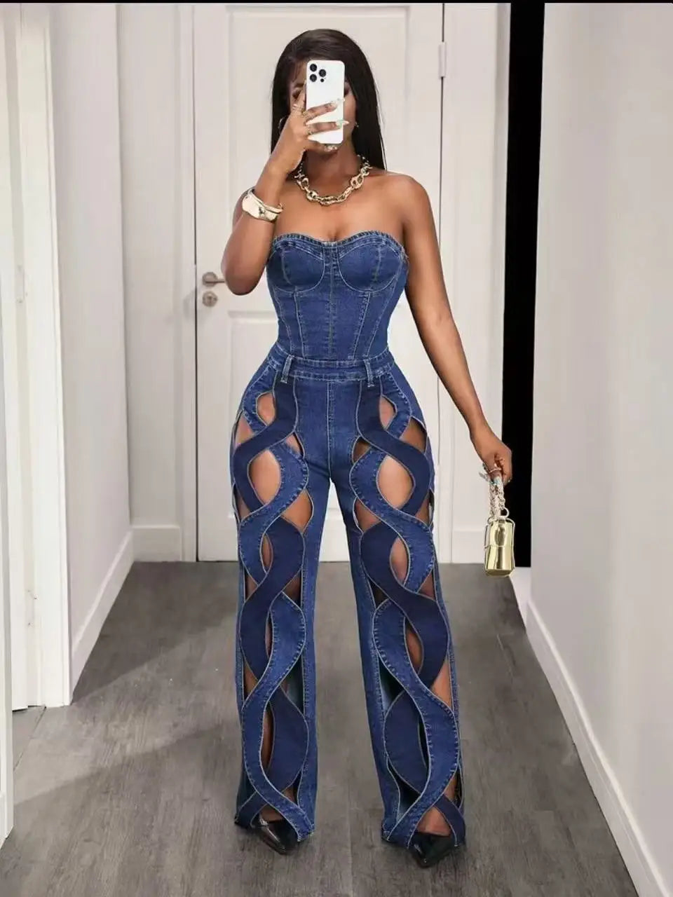 Sleeveless Washed Denim Criss-Cross Corset Tube Top Design Hollow-Out Streetwear Cut-Out Wide Leg Women's Tube Top Jean Jumpsuit