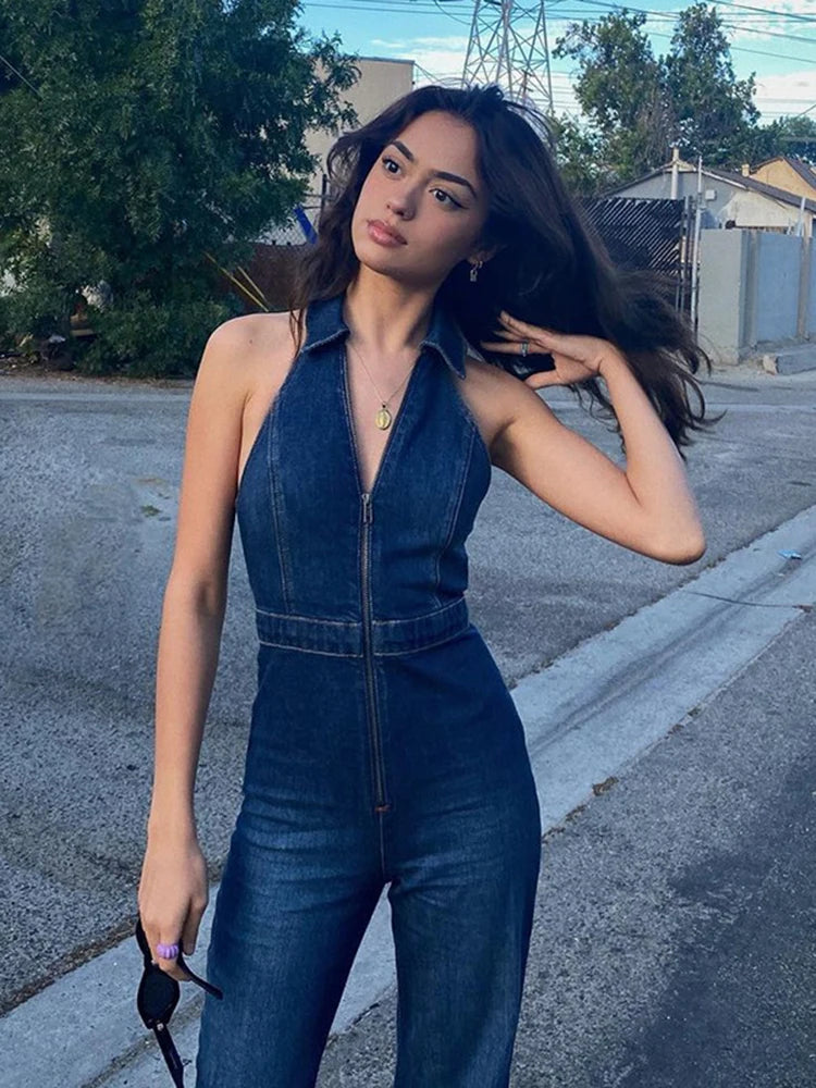 Denim V-Neck Sleeveless Zipper Front Turn-Down Collar Flared Leg Jean Jumpsuit