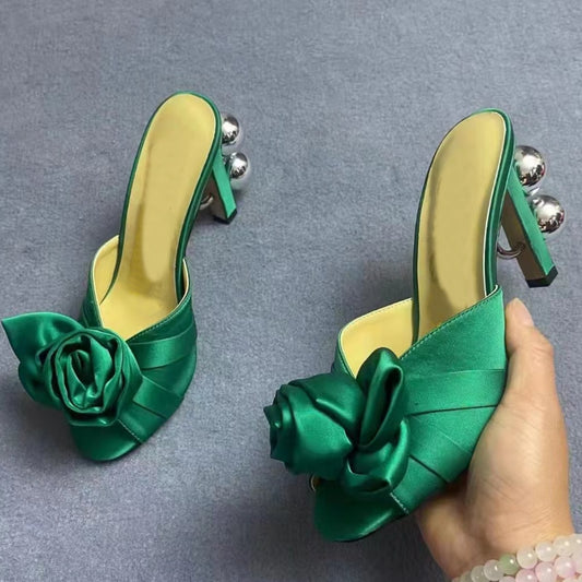 Satin Flower Bow Gladiator Open Toe Mule Sandals