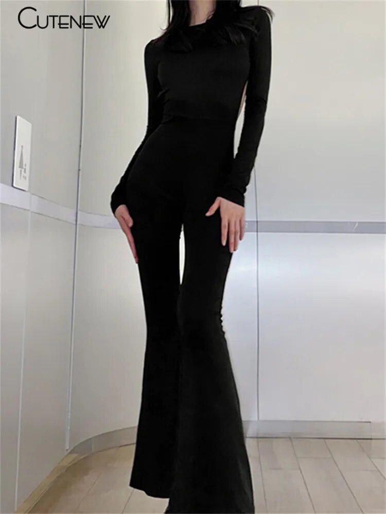 Black Backless Bodycon Flared Leg Skinny Long Sleeve Jumpsuit